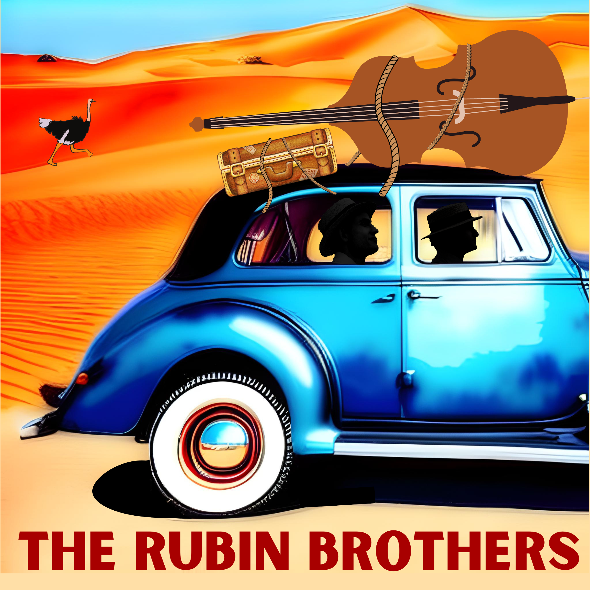 Rubin Brothers EP Art, Rubin Brothers in San Diego, blue car in the desert with a bass on top and an ostrich running behind, swing music vaudeville vintage art album cover